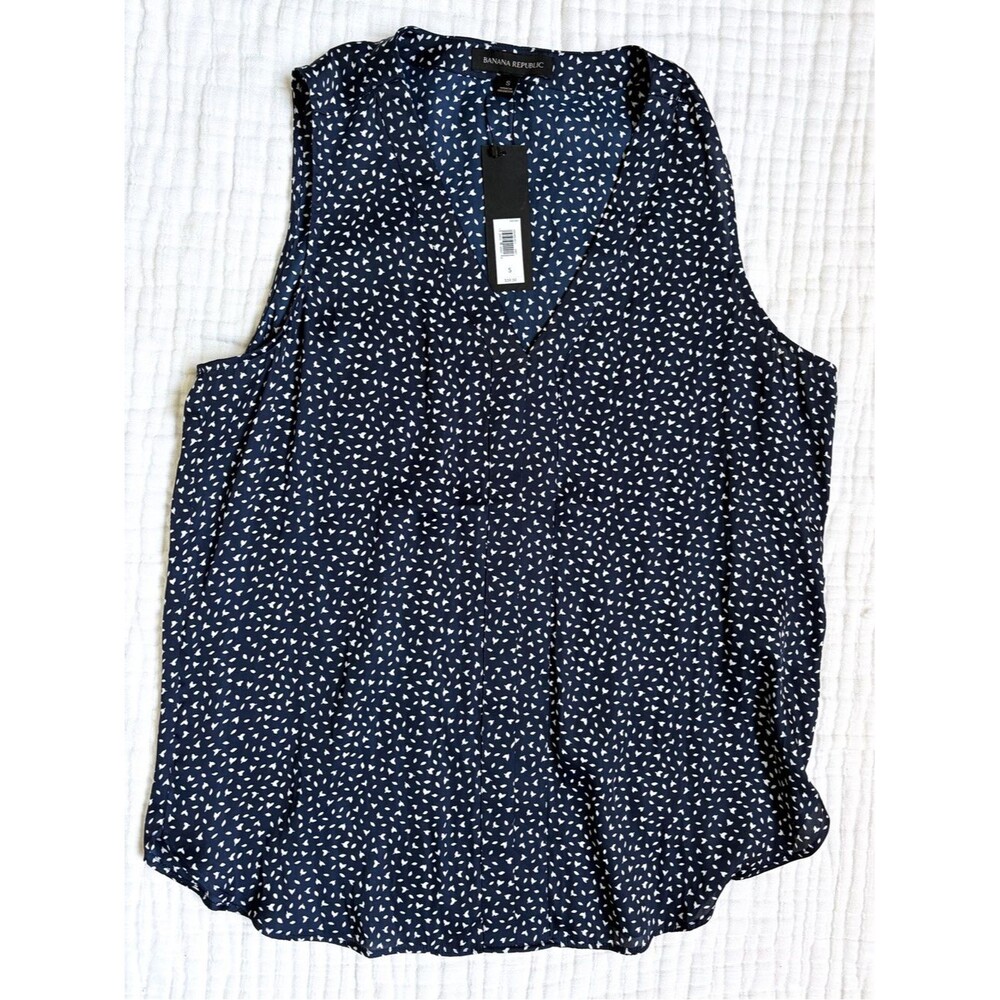 NWT Banana Republic Navy Printed Sleeveless V Neck Blouse Size S